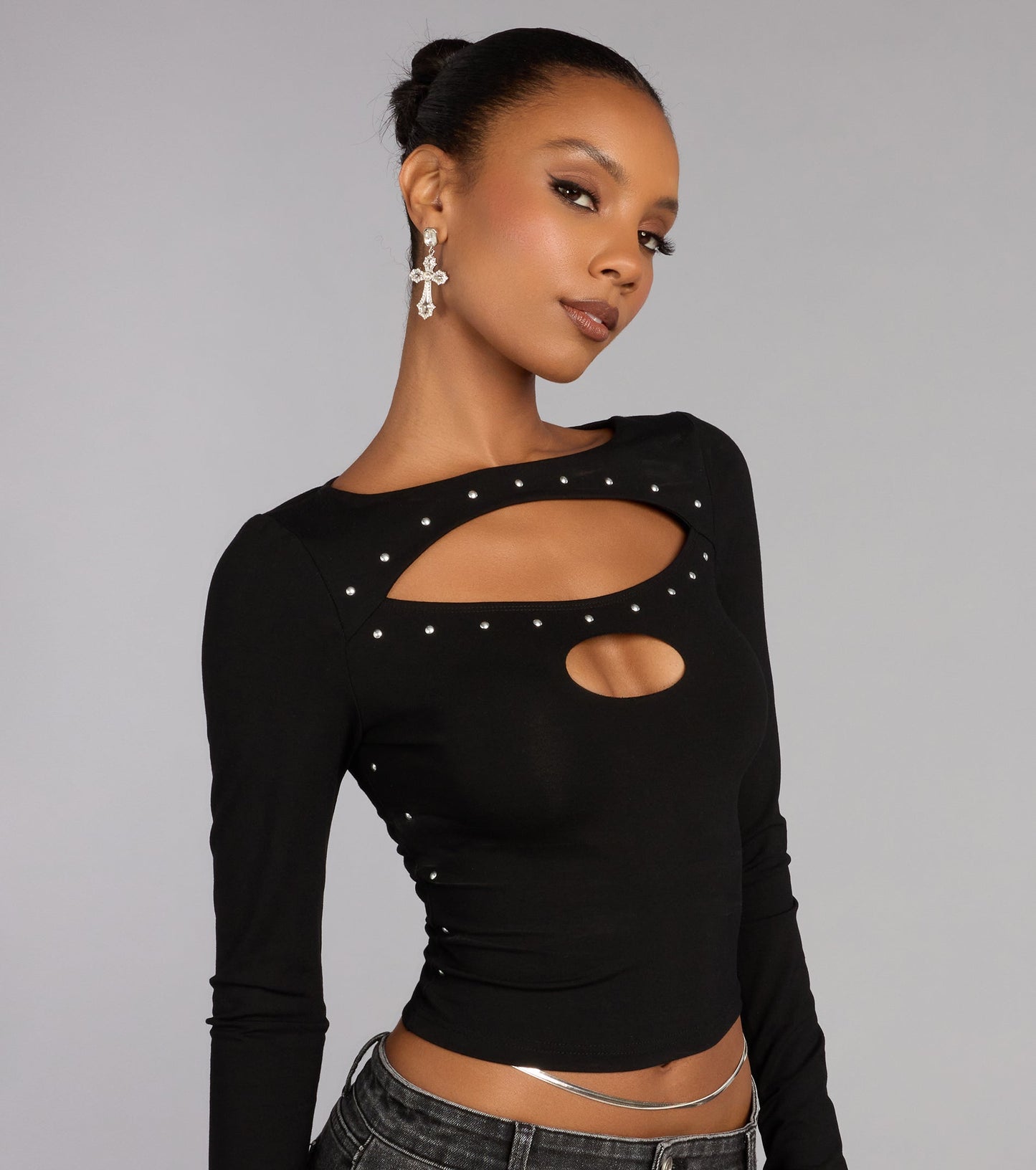 All Eyes On You Studded Cutout Long Sleeve Top