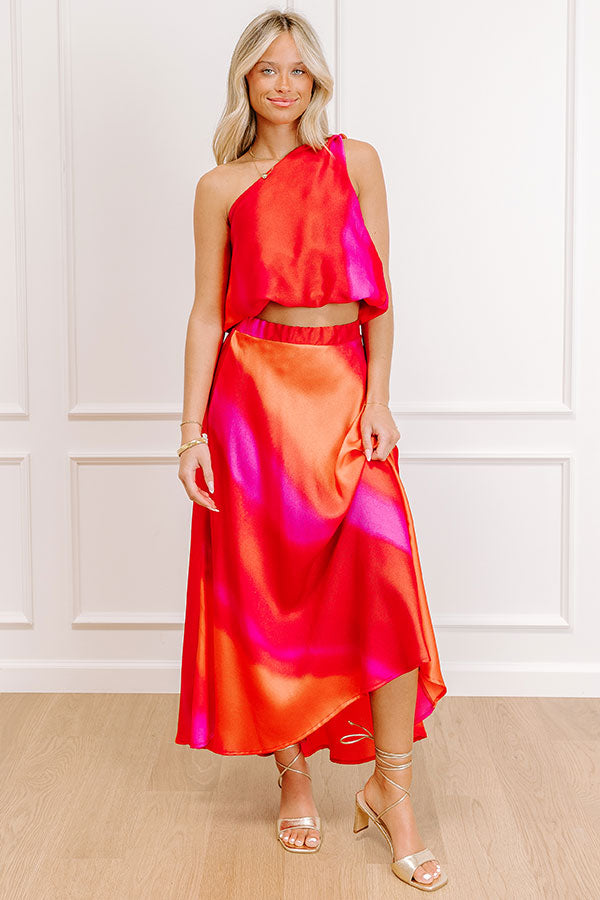 Moonlit Lagoon High Waist Satin Midi Skirt in Red
