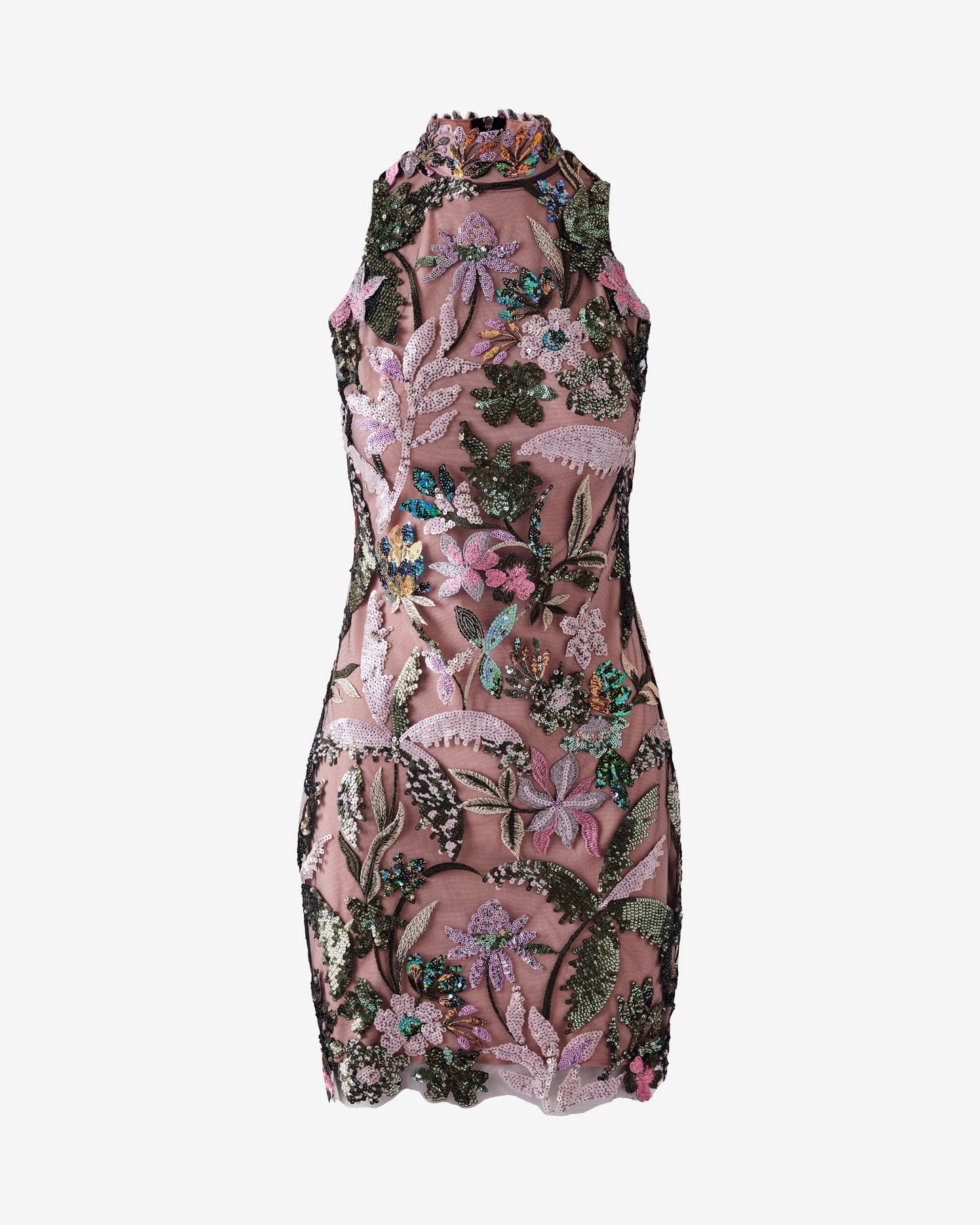 High Neck Mesh Sequin Scallop Edge Sheath Multi