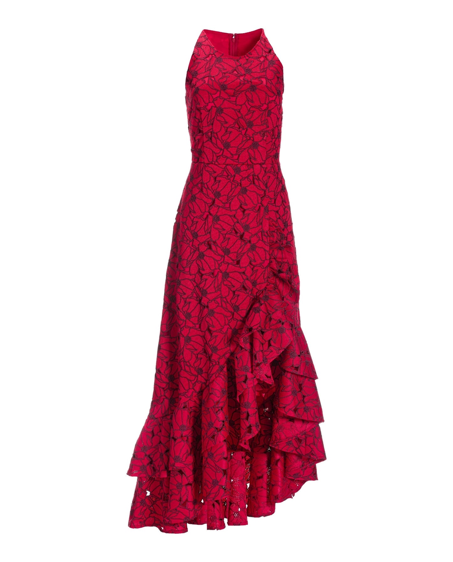 High-Neck Lace Ruffle Gown Racing Red