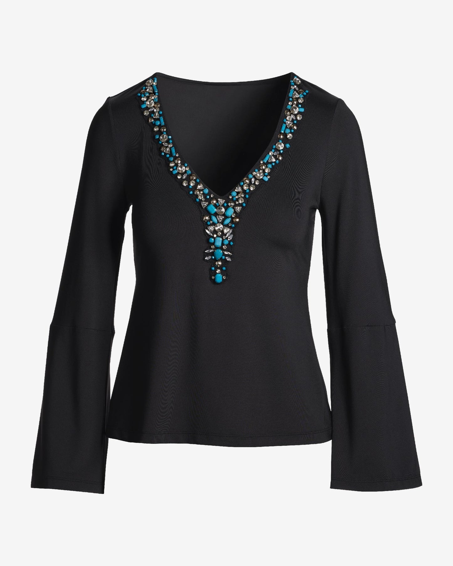 Embellished Trim V-Neck Long Sleeve Proper Black Multi