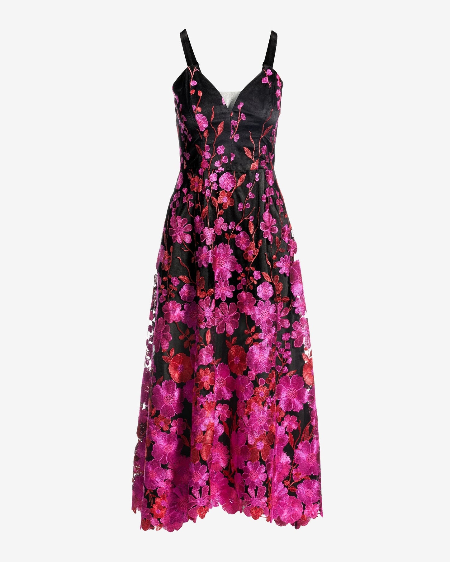 Floral Embroidered Mesh A Line Midi dress Black Multi