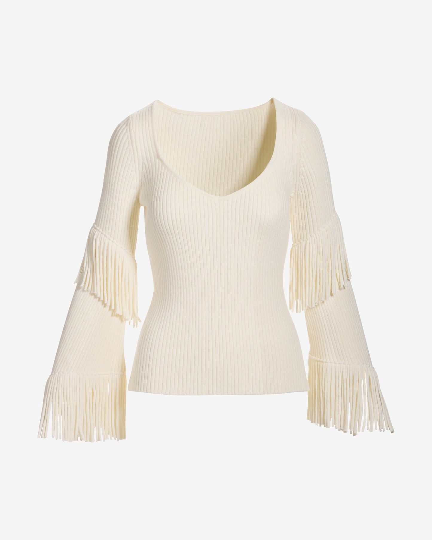 Fringe Sleeve Ribbed Sweater Off White