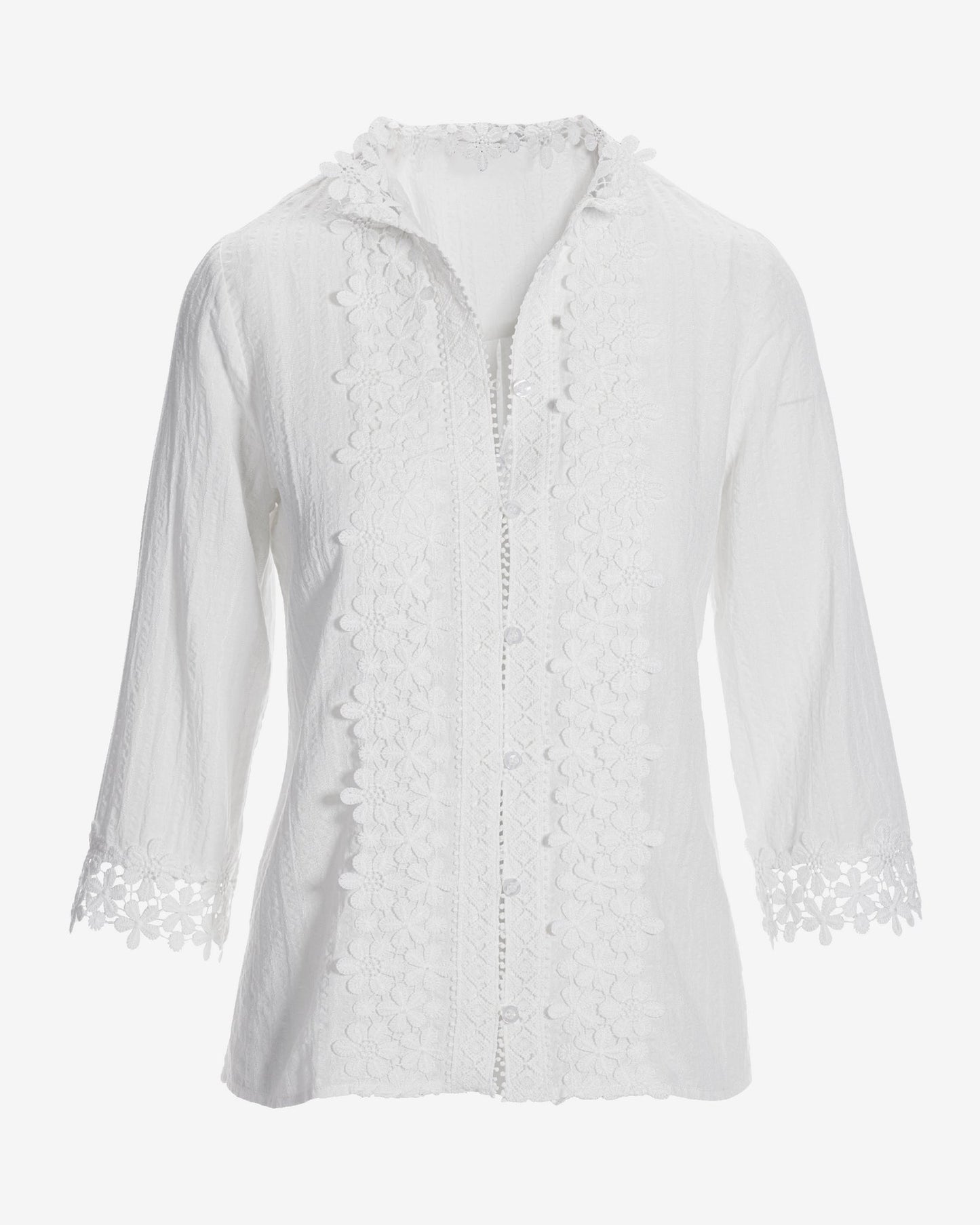 Floral Lace Button Up Cotton Shirt Off White
