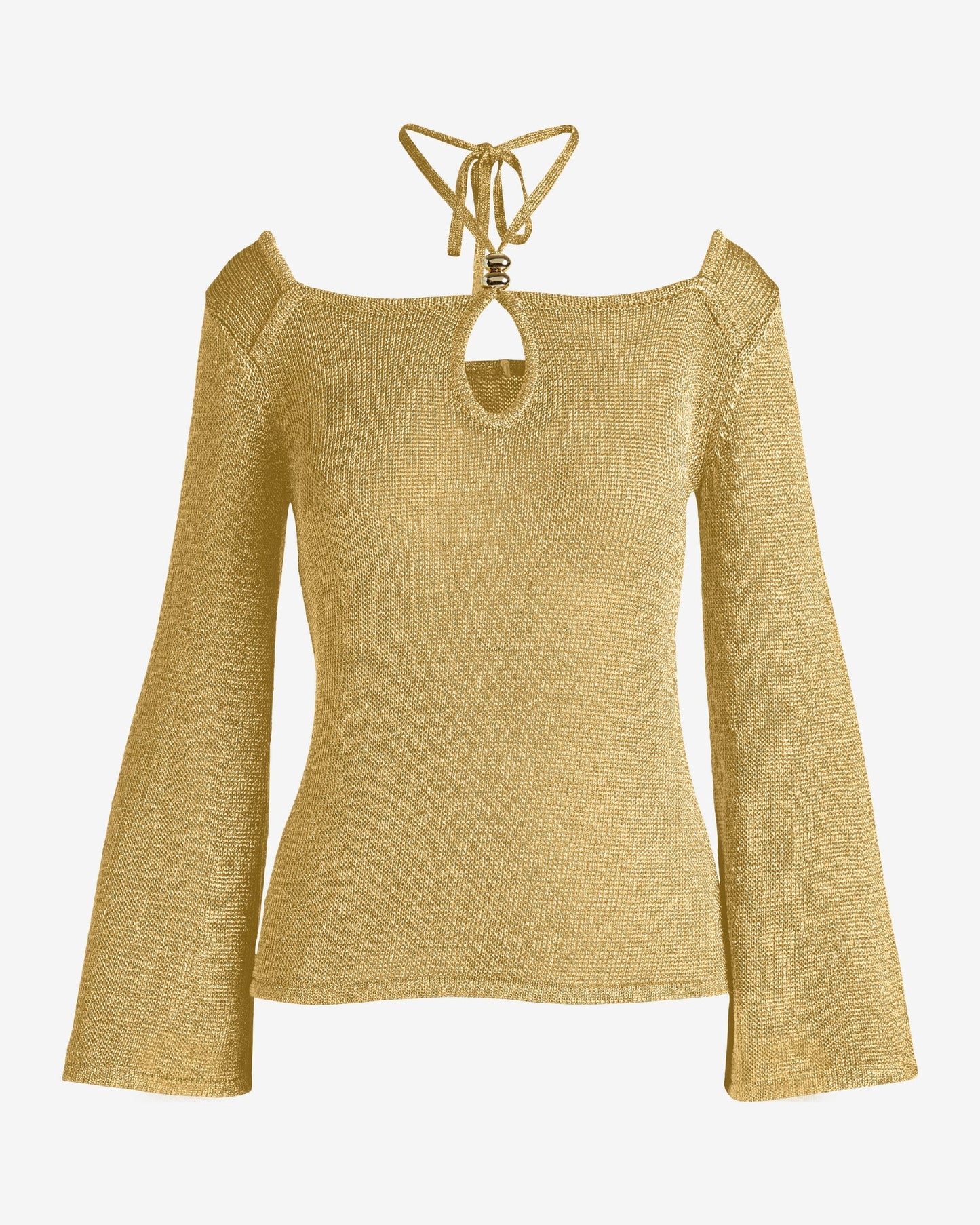 Keyhole Cut Out Flare Sleeve Metallic Sweater with Strap Detail Gold Metallic