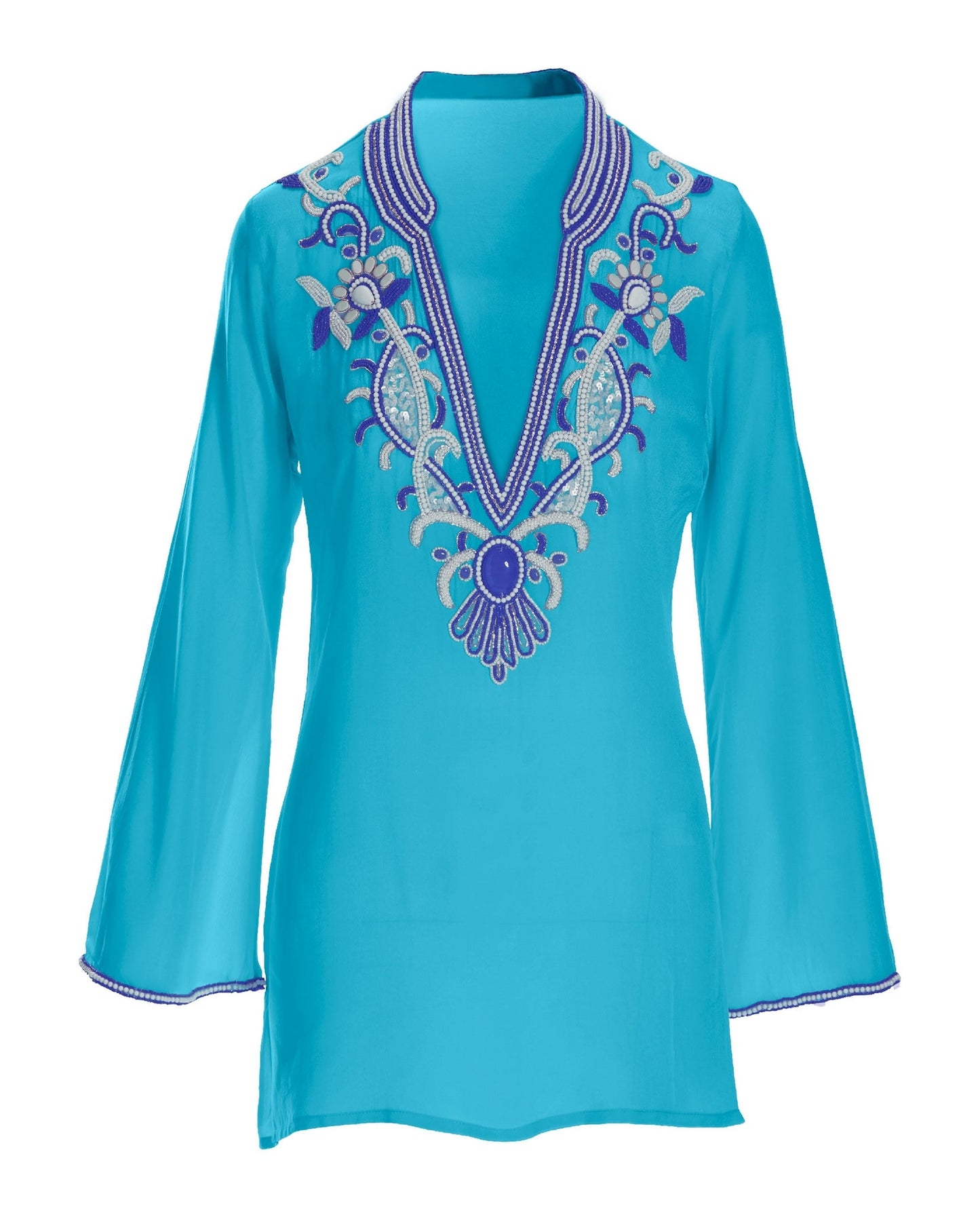 Embellished V Neck Resort Tunic Splash Blue