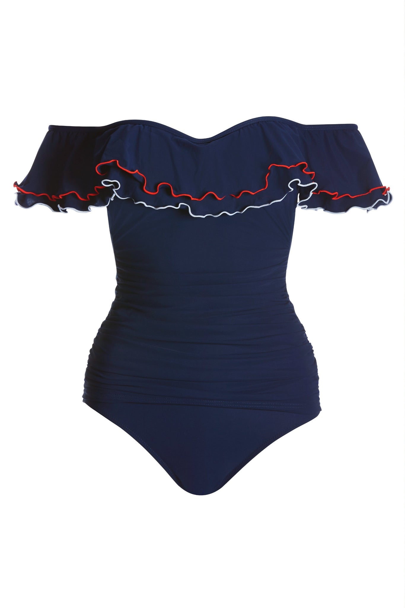 Double Layer Flounce Off The Shoulder Tankini Swimsuit Navy