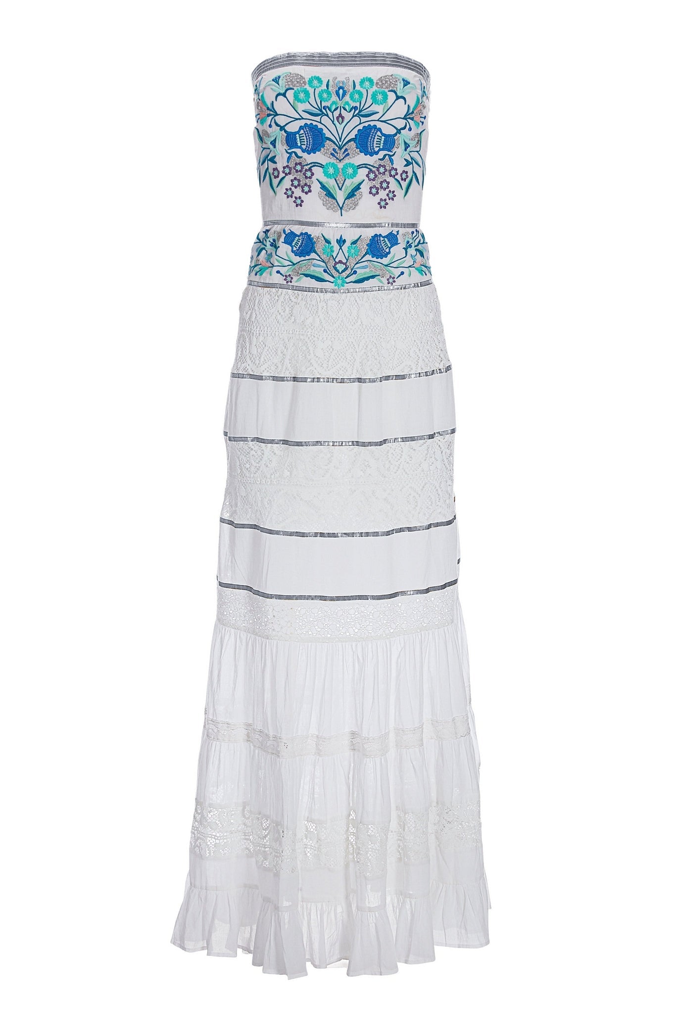 Embroidered and Embellished Lace Inset Maxi White Blue Multi