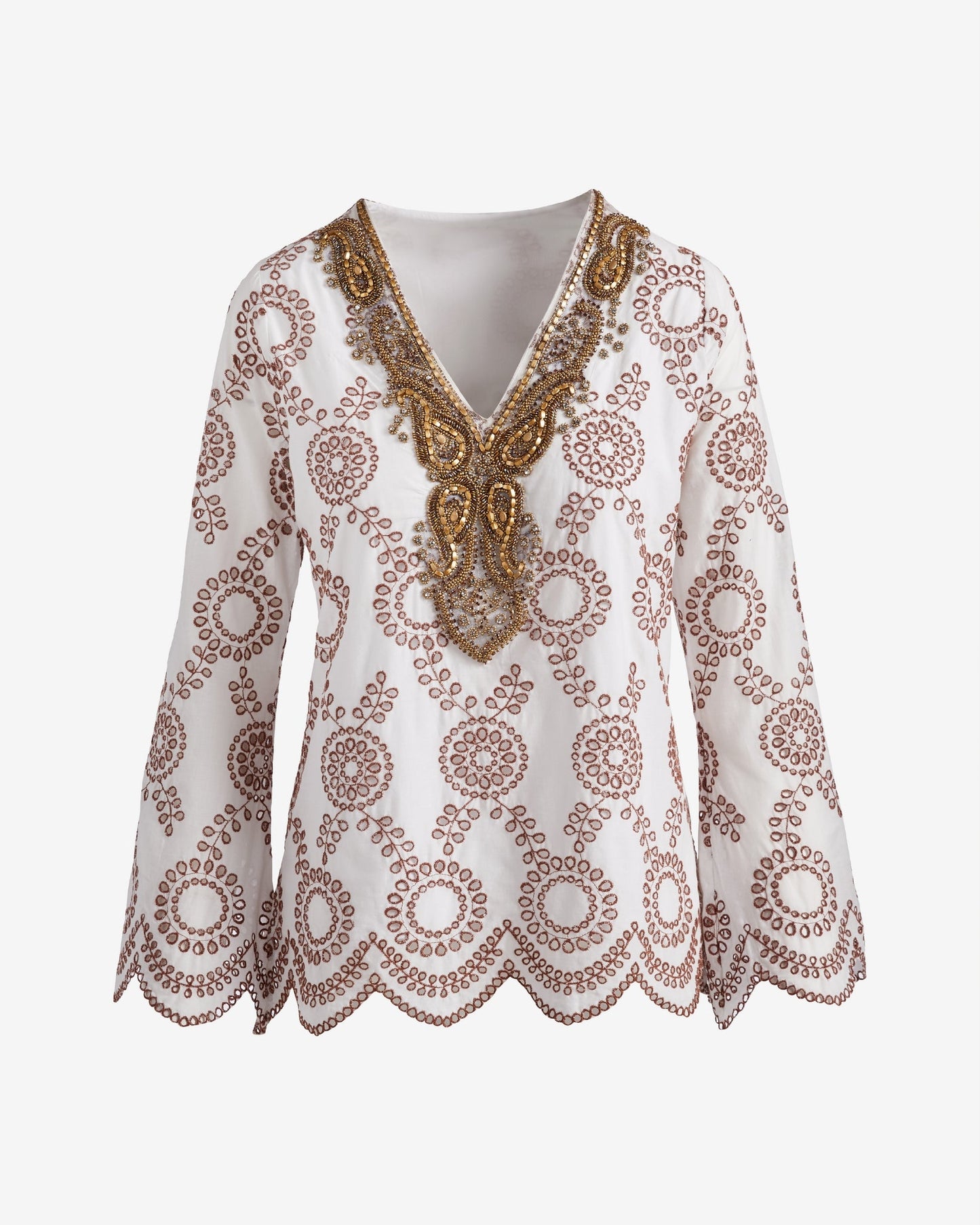 Embellished Scallop Eyelet Tunic Brown Multi