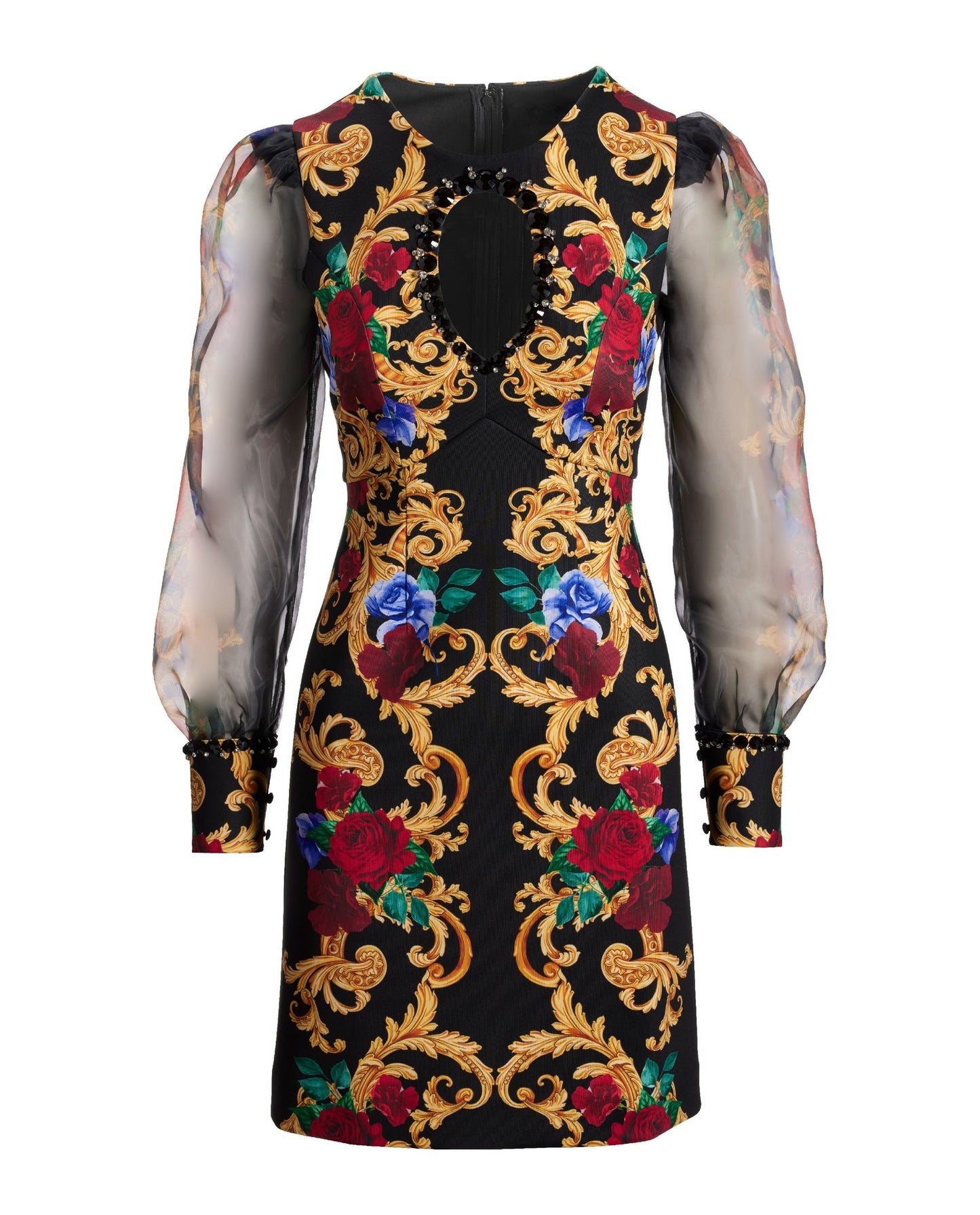Holiday Status Print Embellished Keyhole A Line Scuba Dress Black/Multi