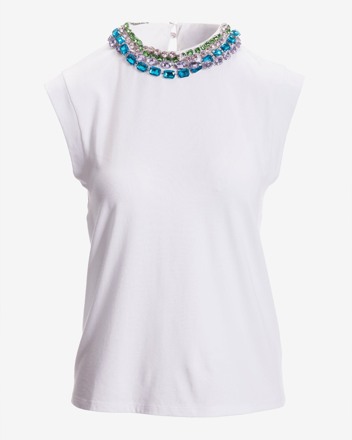 Jeweled Collared Neck T Shirt White