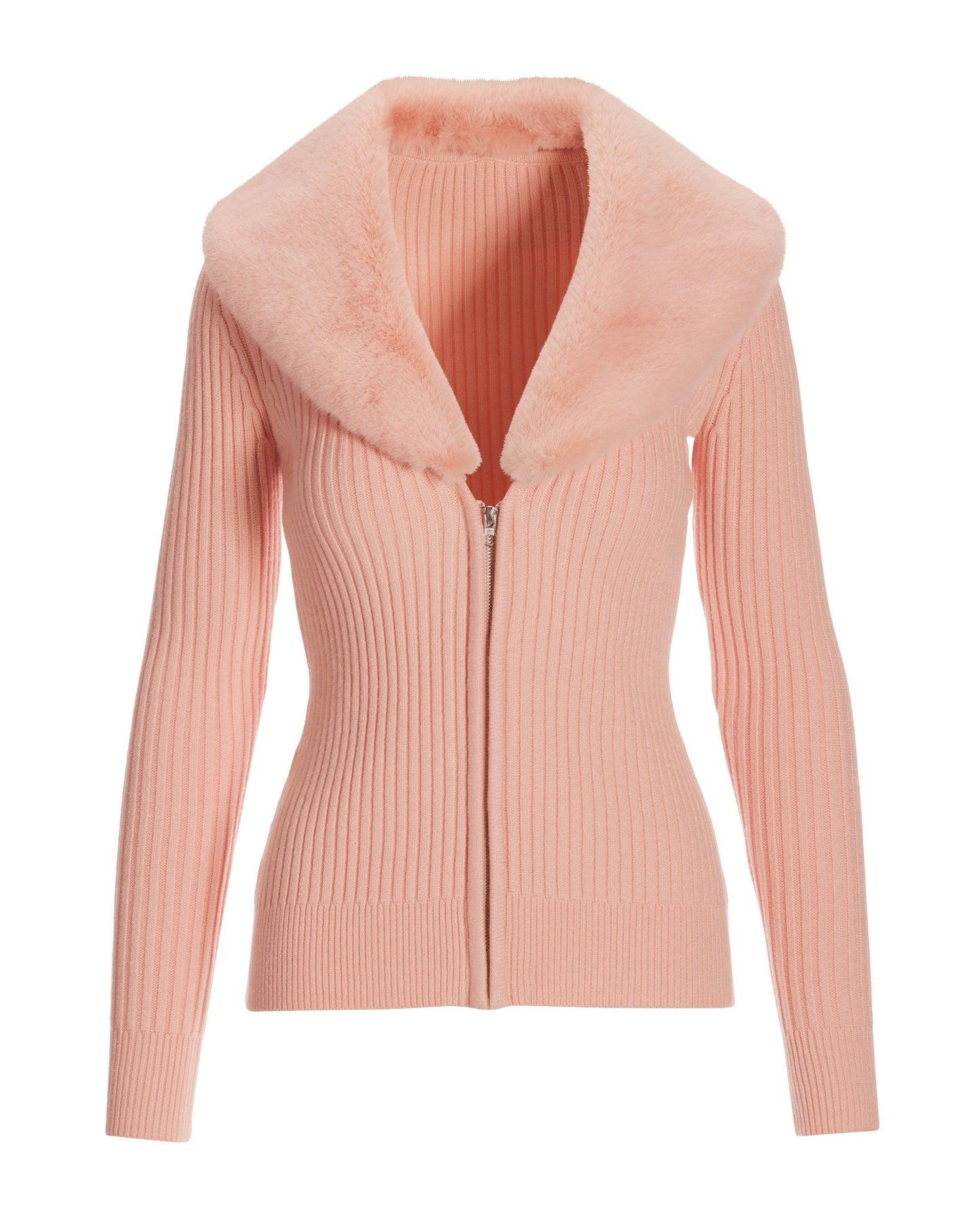 Faux-Fur Collar Zip Cardigan Sweater Light Pink