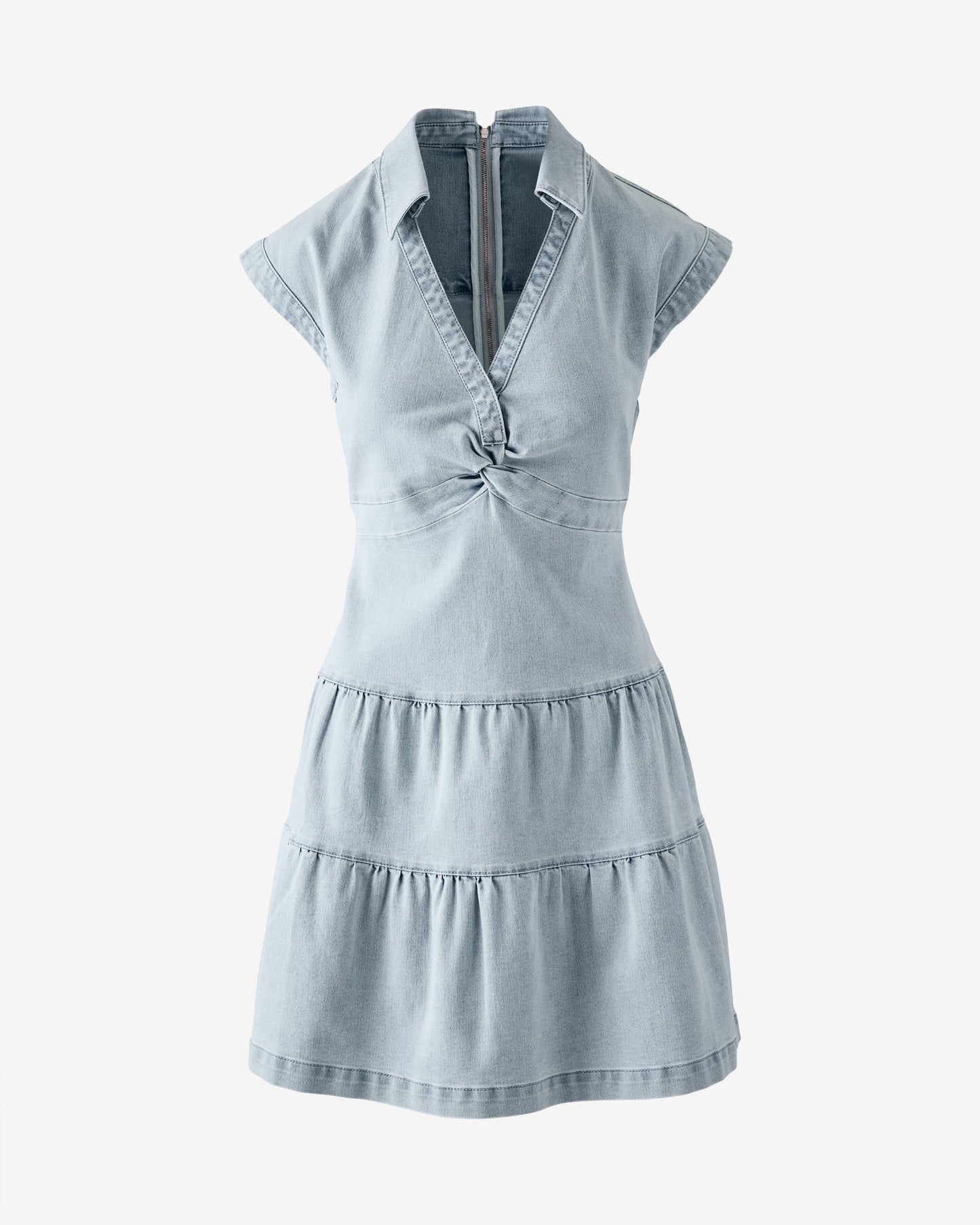 Front Knot Collared Tiered Denim Dress Ultra Light Wash