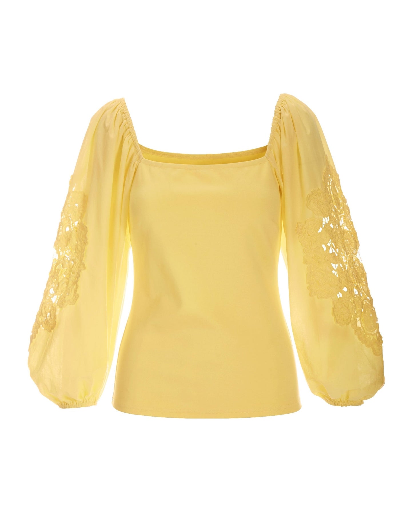 Embroidered Sleeve Ponte Square Neck Top Pale Banana