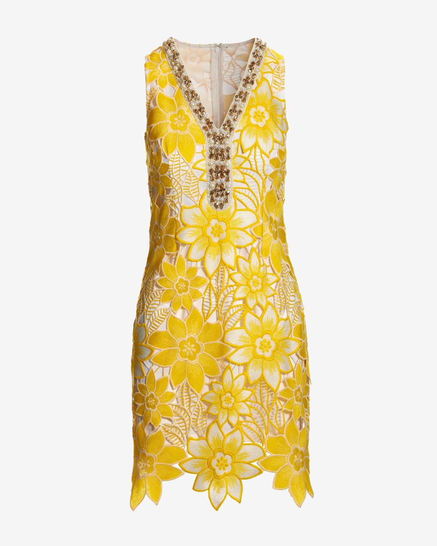 Embellished Neckline Two Tone Lace Shift Dress Yellow Multi
