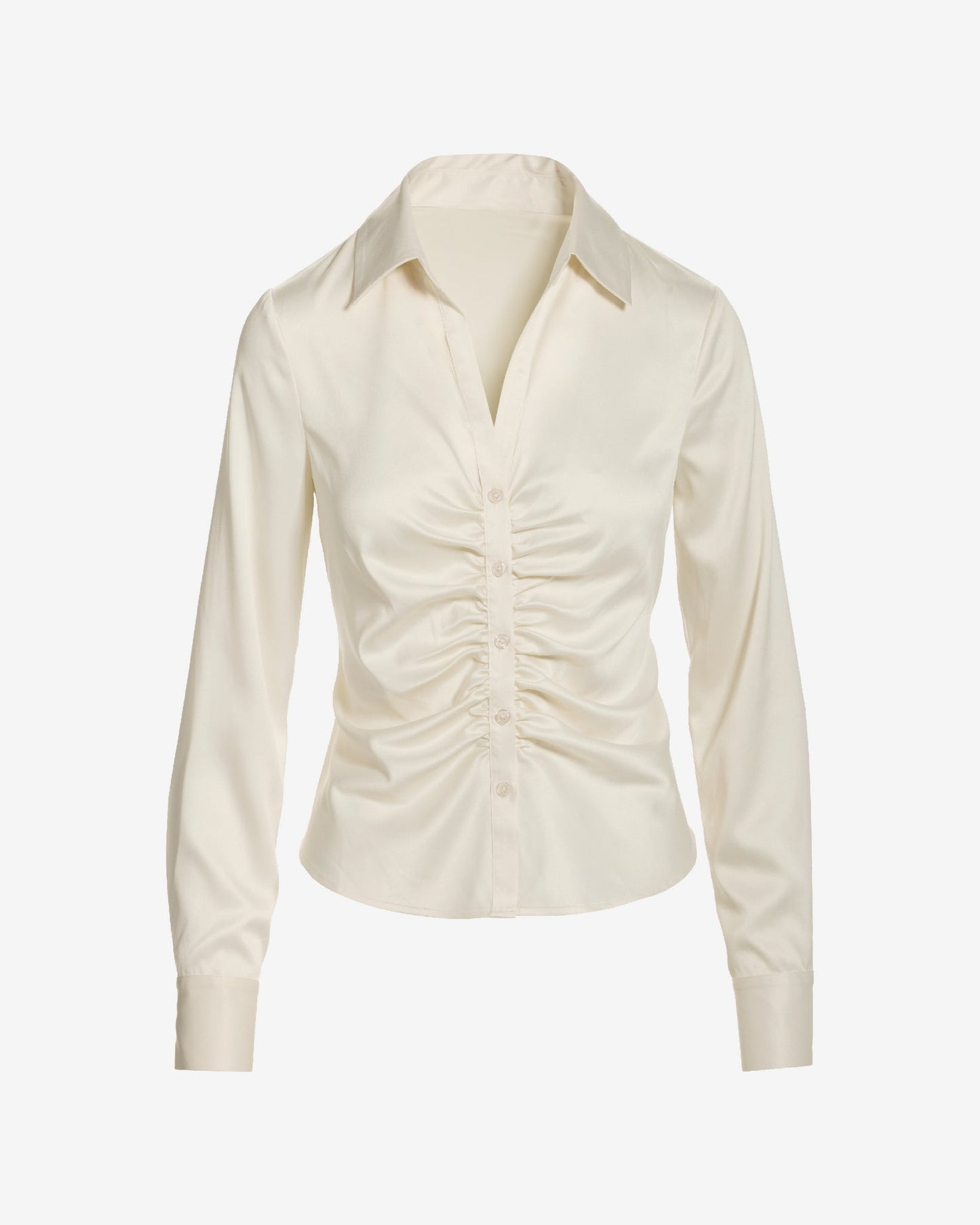 Jessie Charmeuse Ruched Center Front Button Up Shirt Ivory