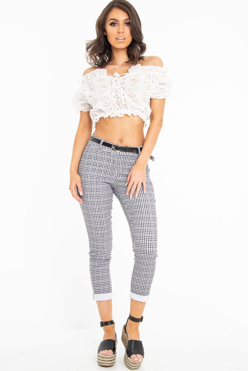 Black and White Check Belted Tapered Trousers - Kierra