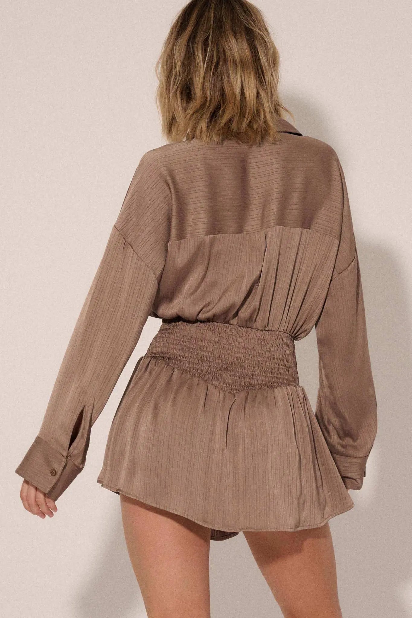Silky Sensation Striped Satin Smocked Shirt Romper
