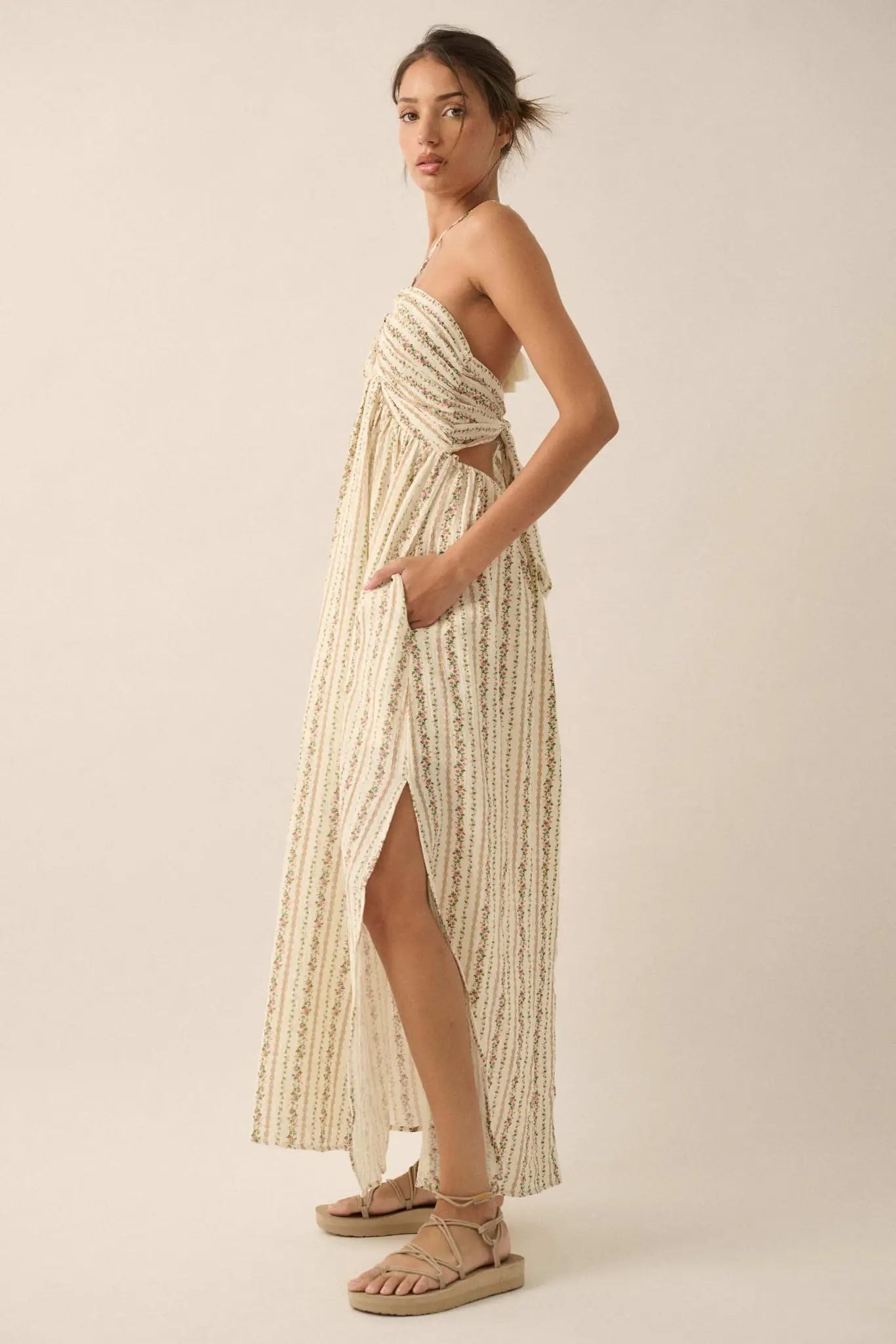 Trellis Blossoms Floral Gauze Halter Maxi Dress
