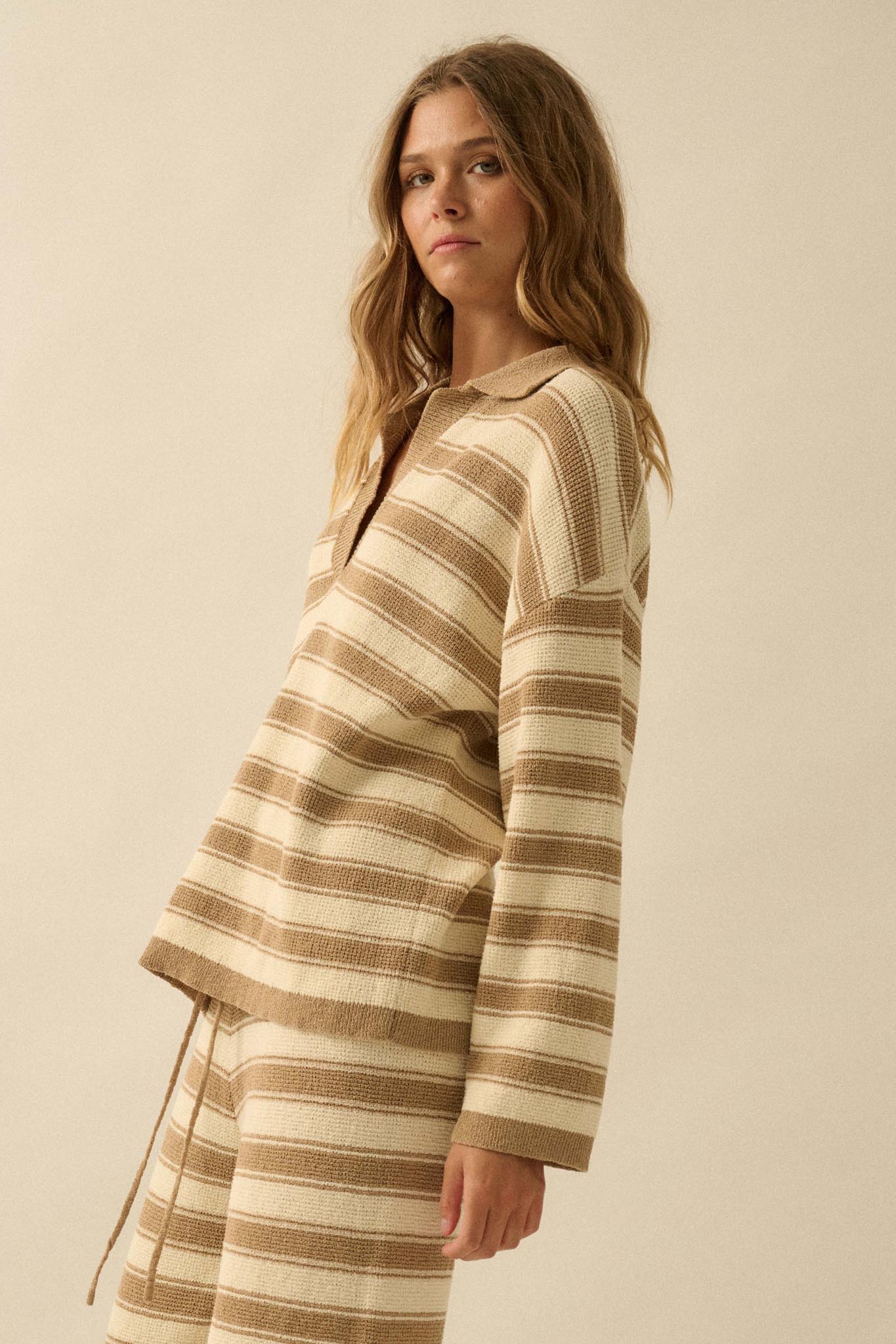 Stripe Out Striped Split-Neck Collared Sweater
