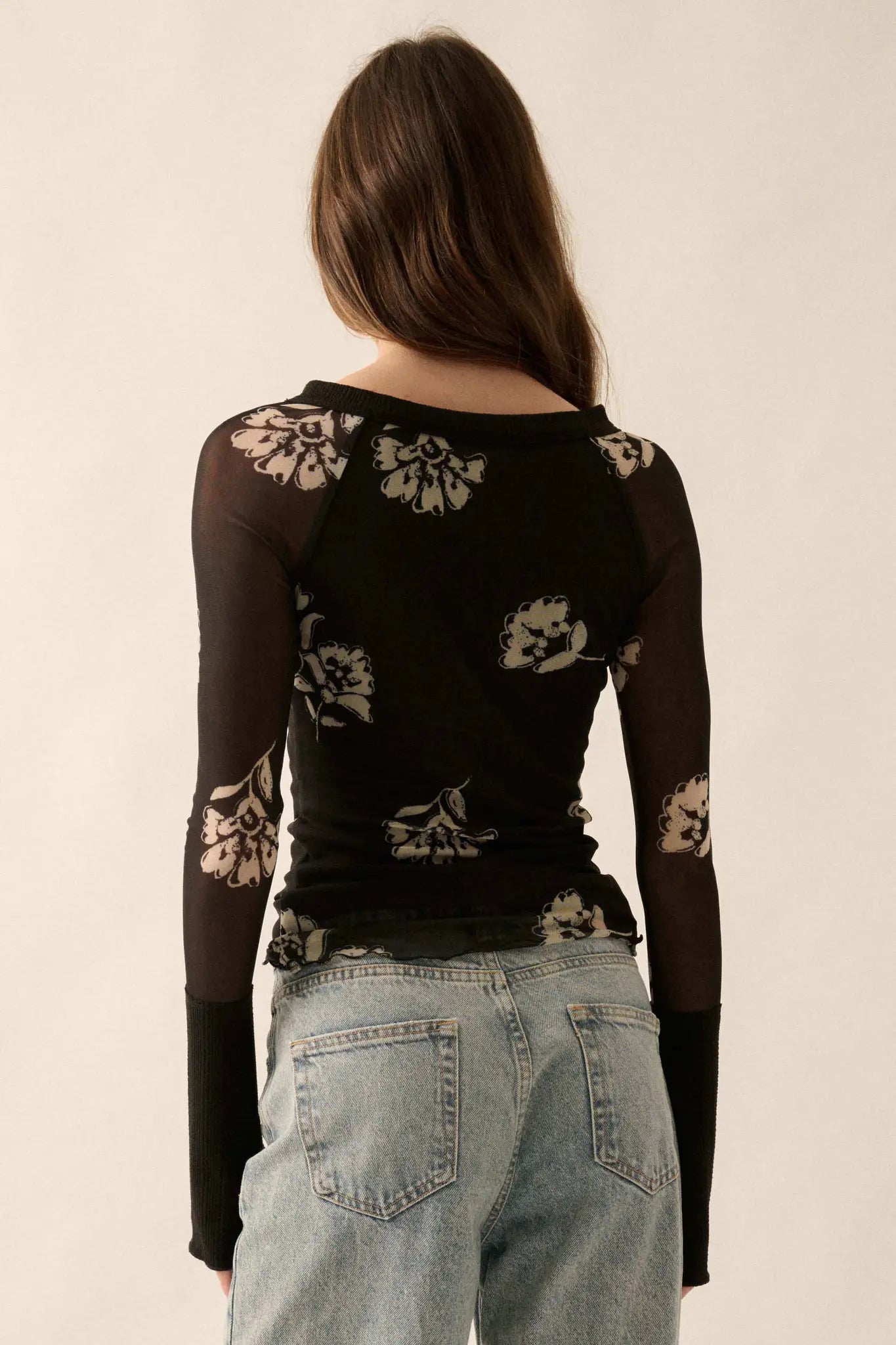 Deco Blossoms Floral Mesh Raglan Henley Top