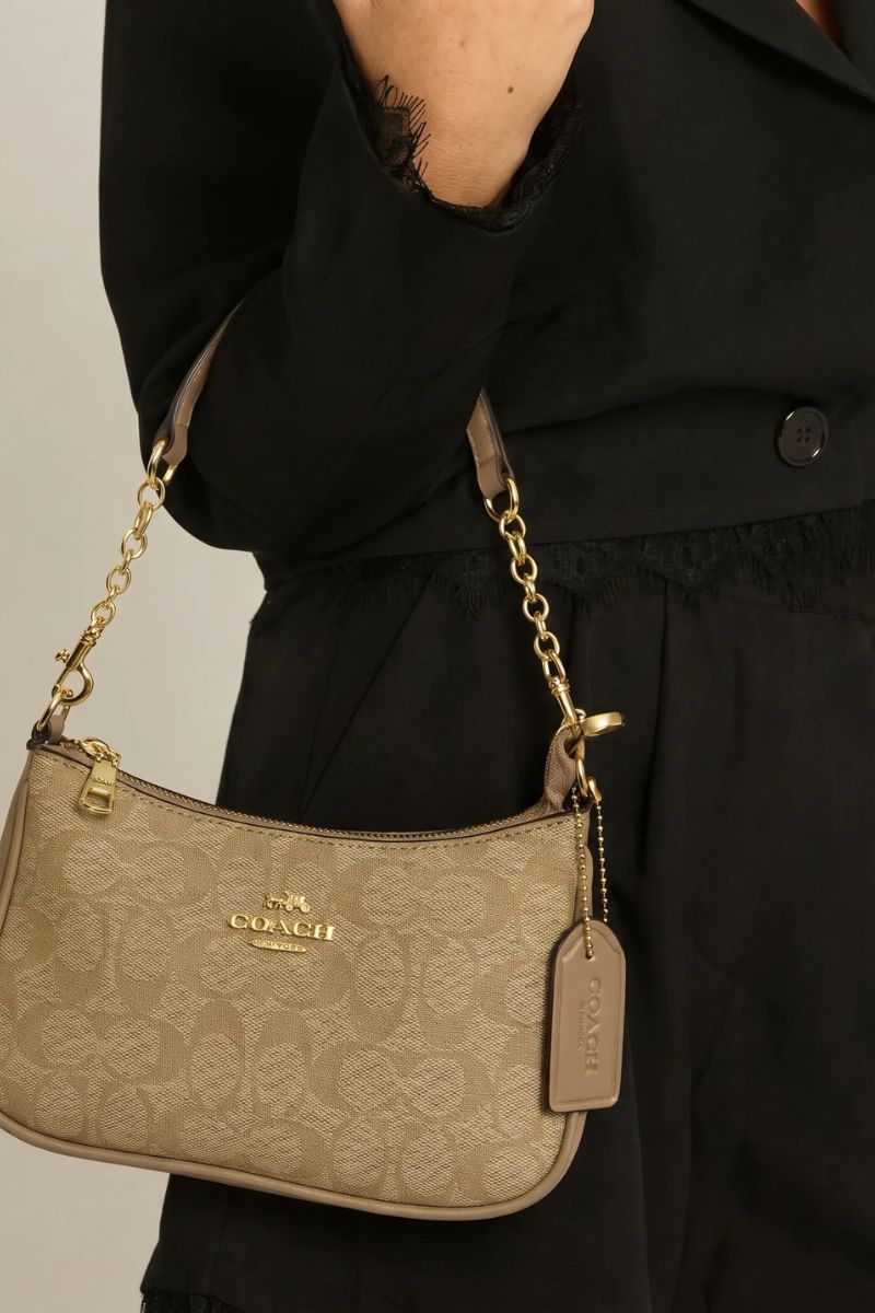 Beige Logo Monogram Faux Leather Shoulder Bag - Miah