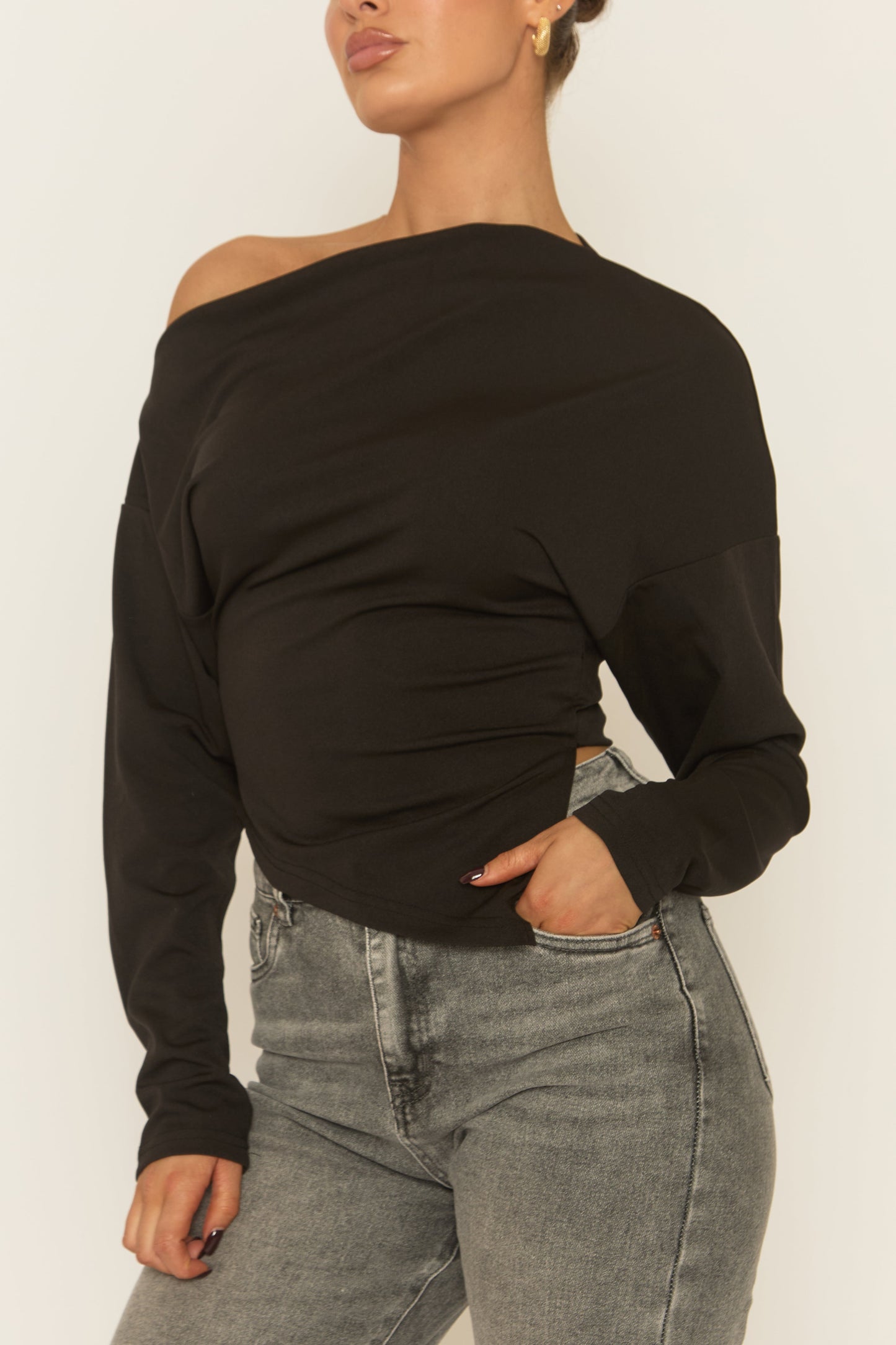 Black Asymmetric Cinched Waist Long Sleeve Top - Ailee
