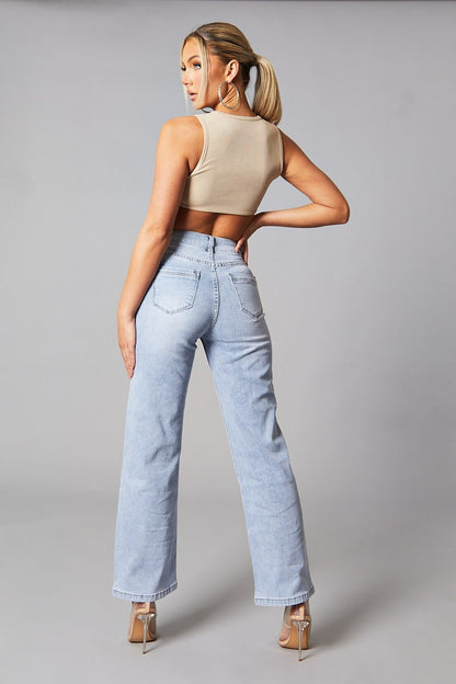 Beige Rib Knit Diamante Detail Cropped Top -- Jade