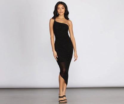 Amari Heat Stone One Shoulder Midi Dress