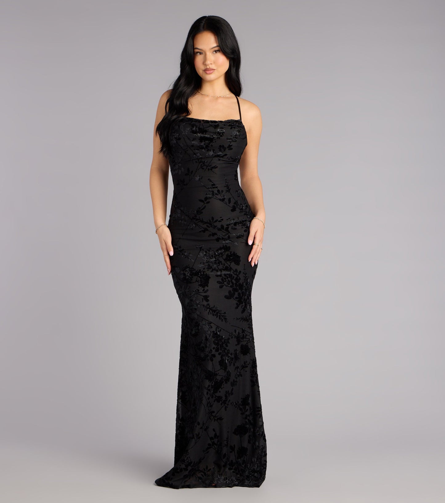 Alma Flocked Floral Mesh Mermaid Dress