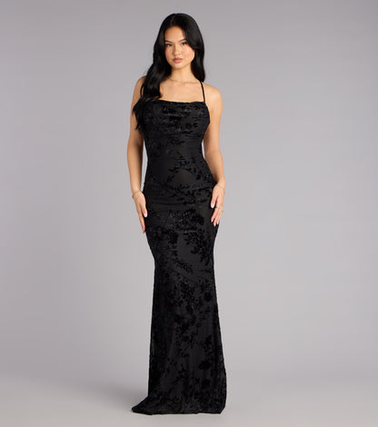 Alma Flocked Floral Mesh Mermaid Dress