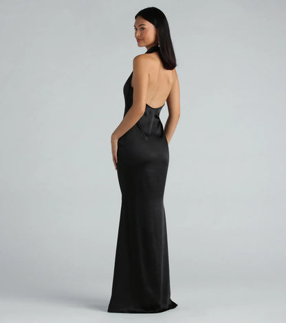 Amber Formal Satin Halter Open Back Long Dress