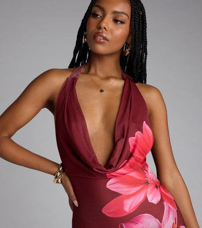 Amalfi Coast Plunge Neck Mermaid Floral Maxi Dress
