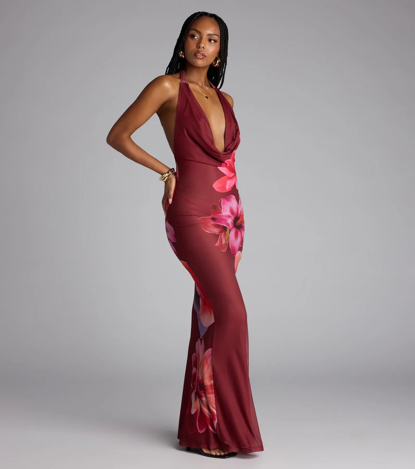 Amalfi Coast Plunge Neck Mermaid Floral Maxi Dress