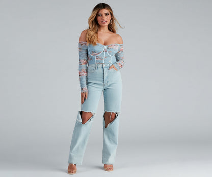 All For Floral Mesh Satin Trim Bustier