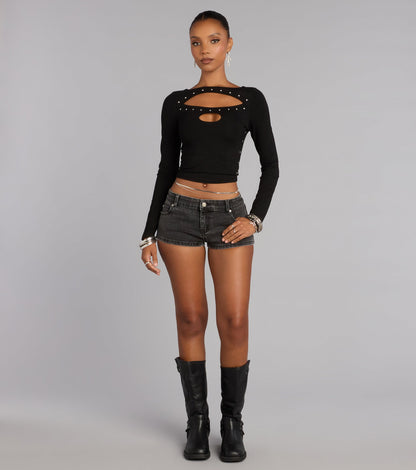 All Eyes On You Studded Cutout Long Sleeve Top