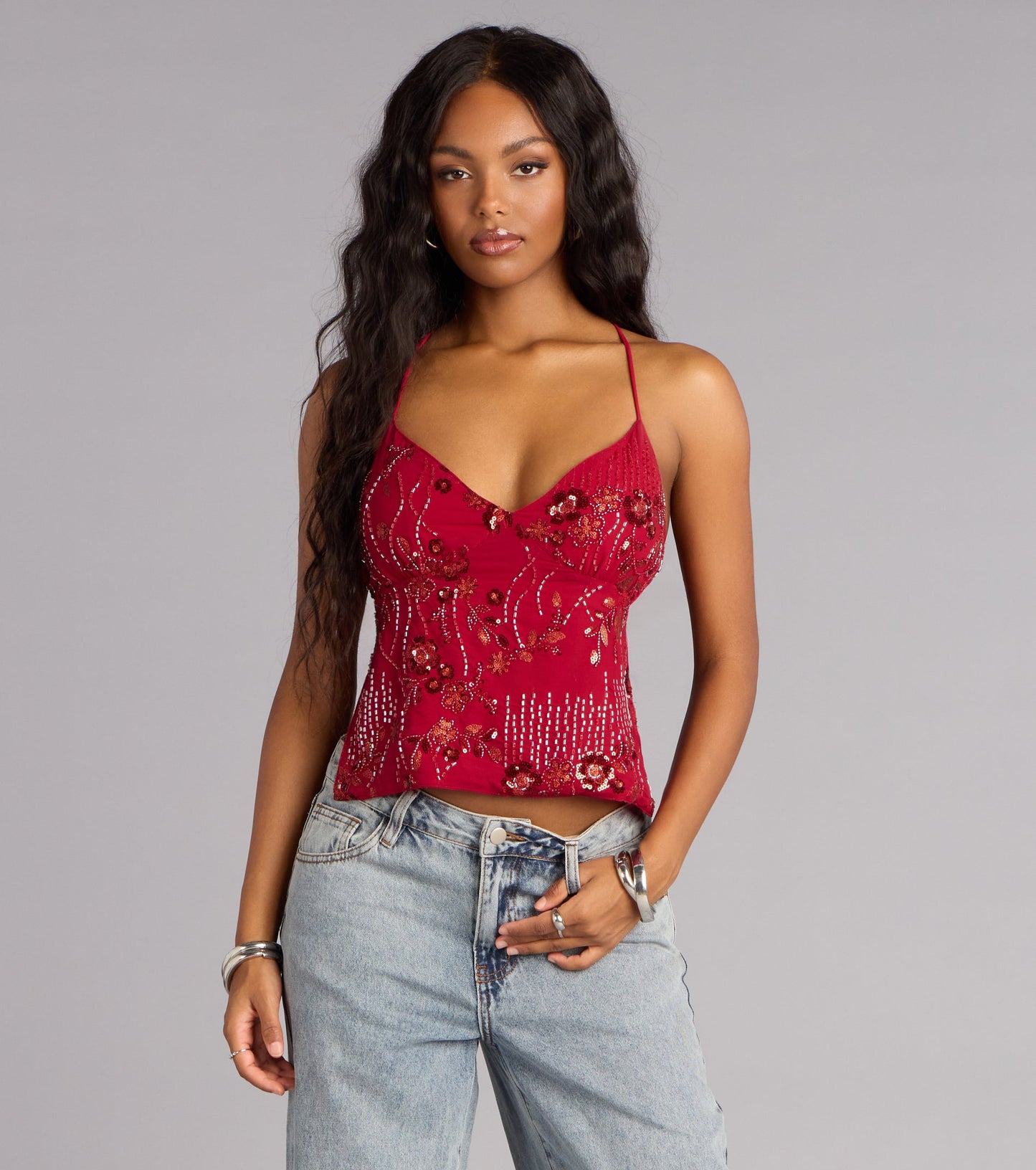 All Eyes On You Sequin Floral Top