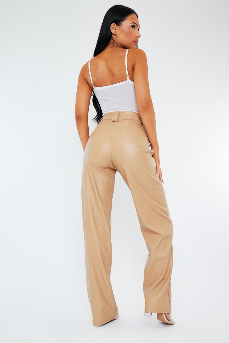 Beige Pleated Straight Leg PU Leather Trousers - Jaymi