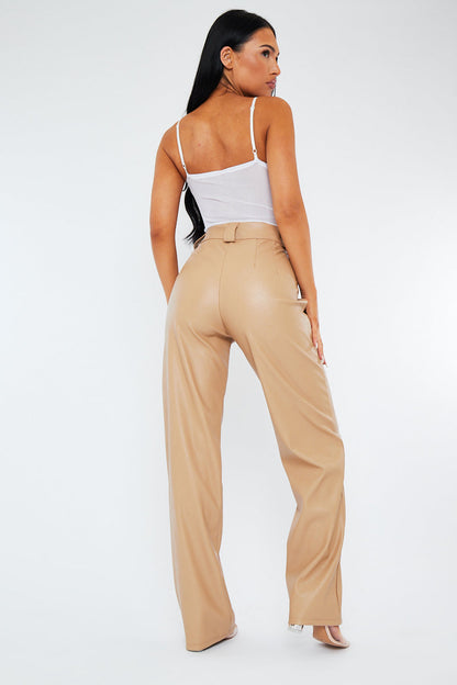 Beige Pleated Straight Leg PU Leather Trousers - Jaymi