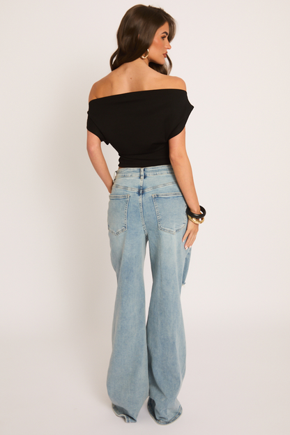 Black Bardot Cinched Waist Top - Robyn