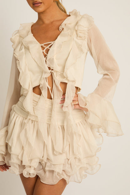 Beige Ruffle Tie Front Top and Skort Co-ord Set - Selena