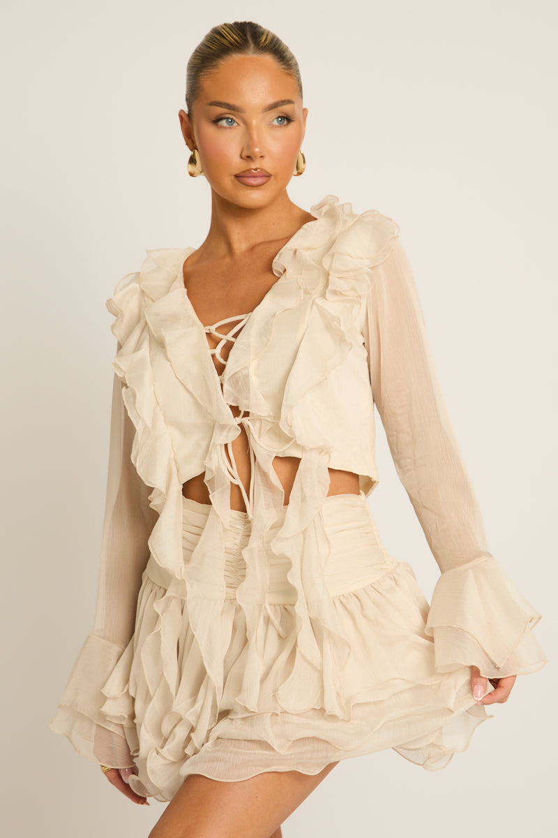 Beige Ruffle Tie Front Top and Skort Co-ord Set - Selena