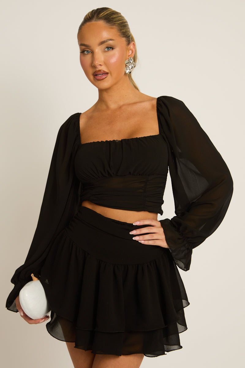 Black Chiffon Frill Mini Skort - Isara