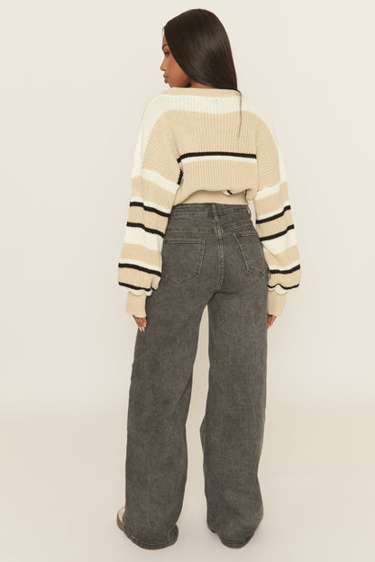 Beige Stripe Cropped Knit Jumper - Isobella