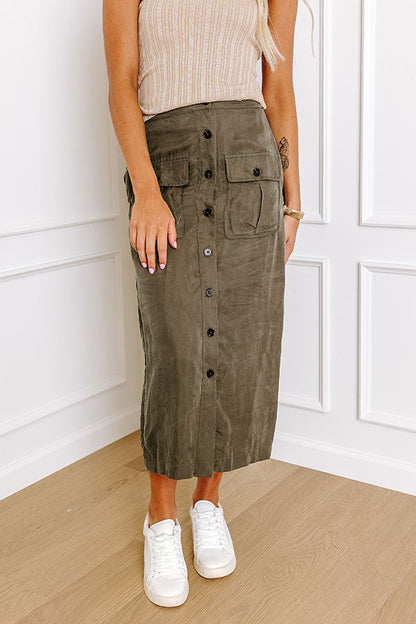 The Freda High Waist Cargo Midi Skirt in Olive