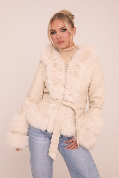 Beige Faux Leather Fur Trim Jacket - Casey