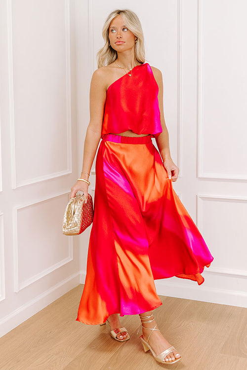 Moonlit Lagoon High Waist Satin Midi Skirt in Red