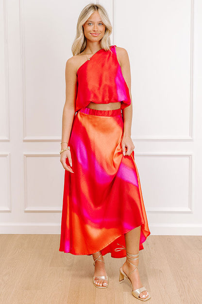 Moonlit Lagoon High Waist Satin Midi Skirt in Red