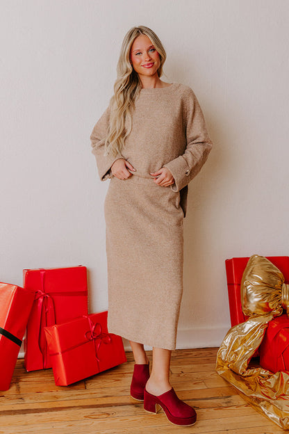 Falling for Cozy High Waist Knit Midi Skirt in Iced Mocha