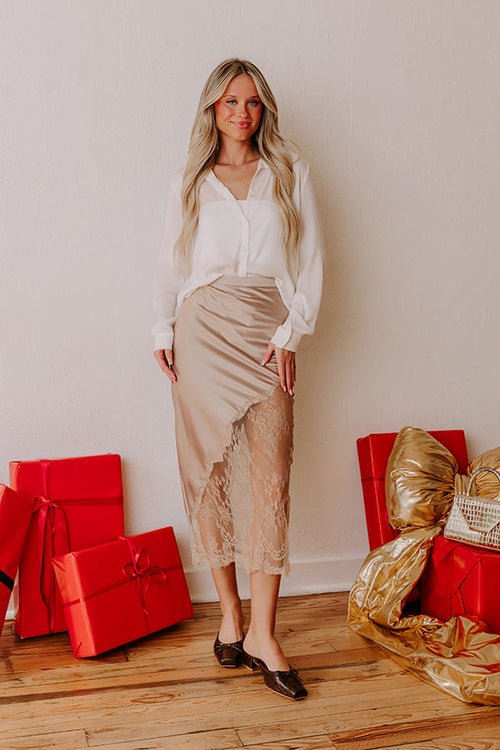 Femme Fatale High Waist Satin Lace Midi Skirt in Beige